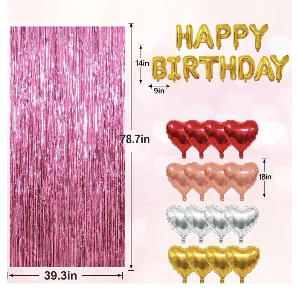77Pcs Pink Happy Birthday Party Decorations Kit, Happy Birthday Banner, Pink Str